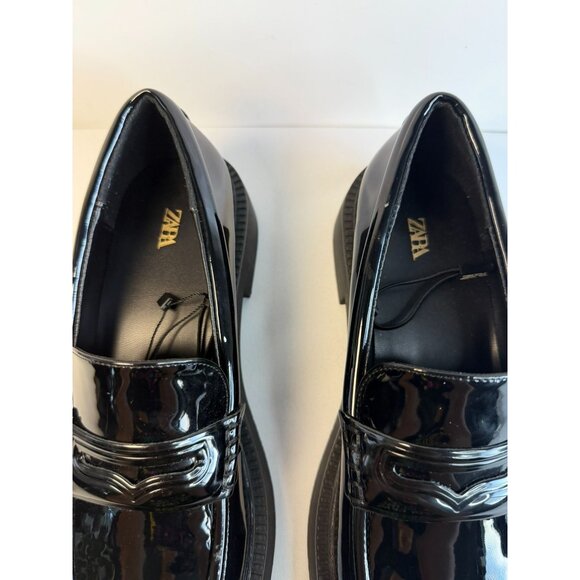 Zara Zapato Penny Loafers Women Size 7.5 Black Patent Leather Chunky Sole Shoes - Picture 4 of 12